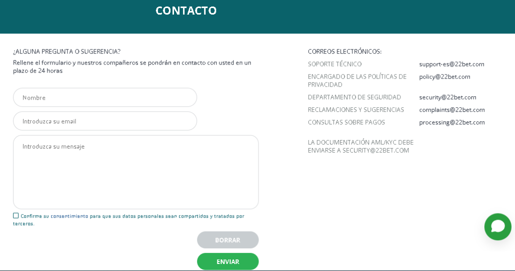Contacto 22Bet