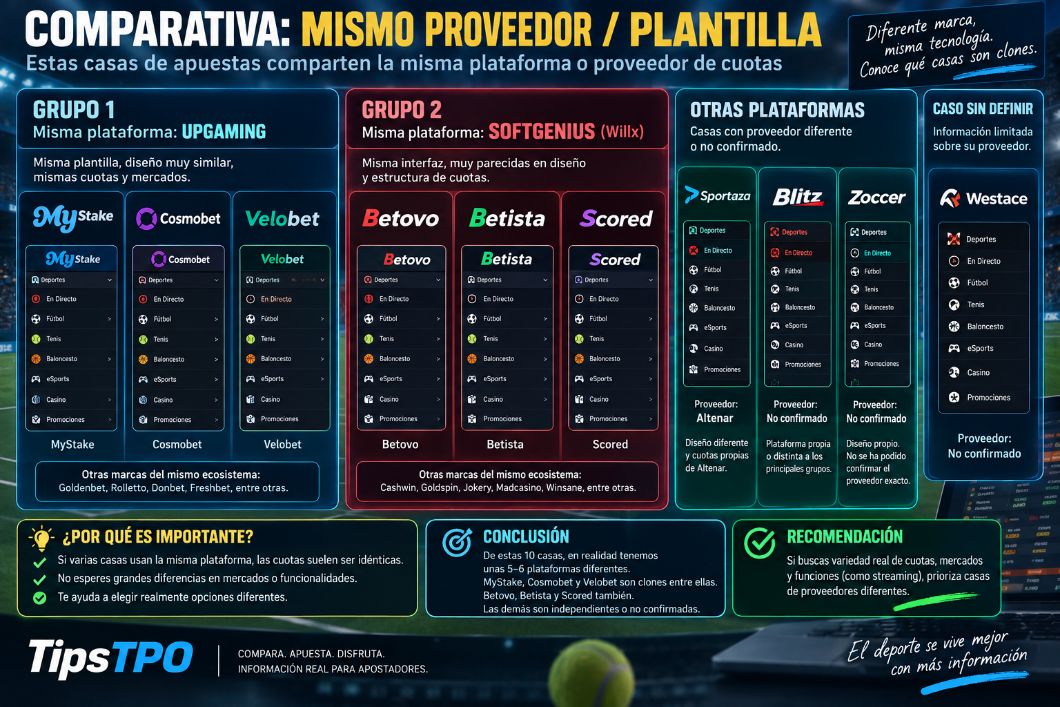 Comparativa de qué casas de apuestas comparten la misma plataforma o proveedor: MyStake, Cosmobet y VeloBet en un grupo; Betovo, Betista y Scored en otro; Sportaza, Blitz, Zoccer y WestAce con proveedor propio o no confirmado