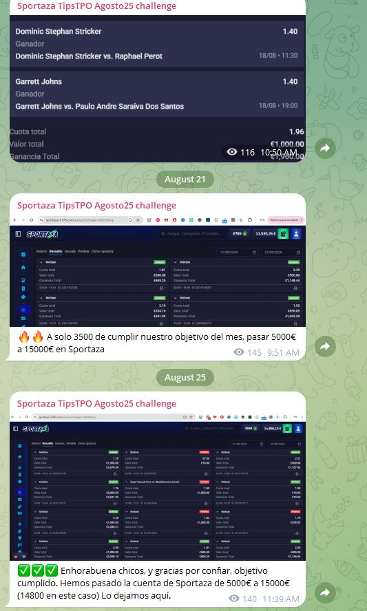 Capturas del reto de Sportaza en el canal de Telegram de TipsTPO, de 5000 a 15000