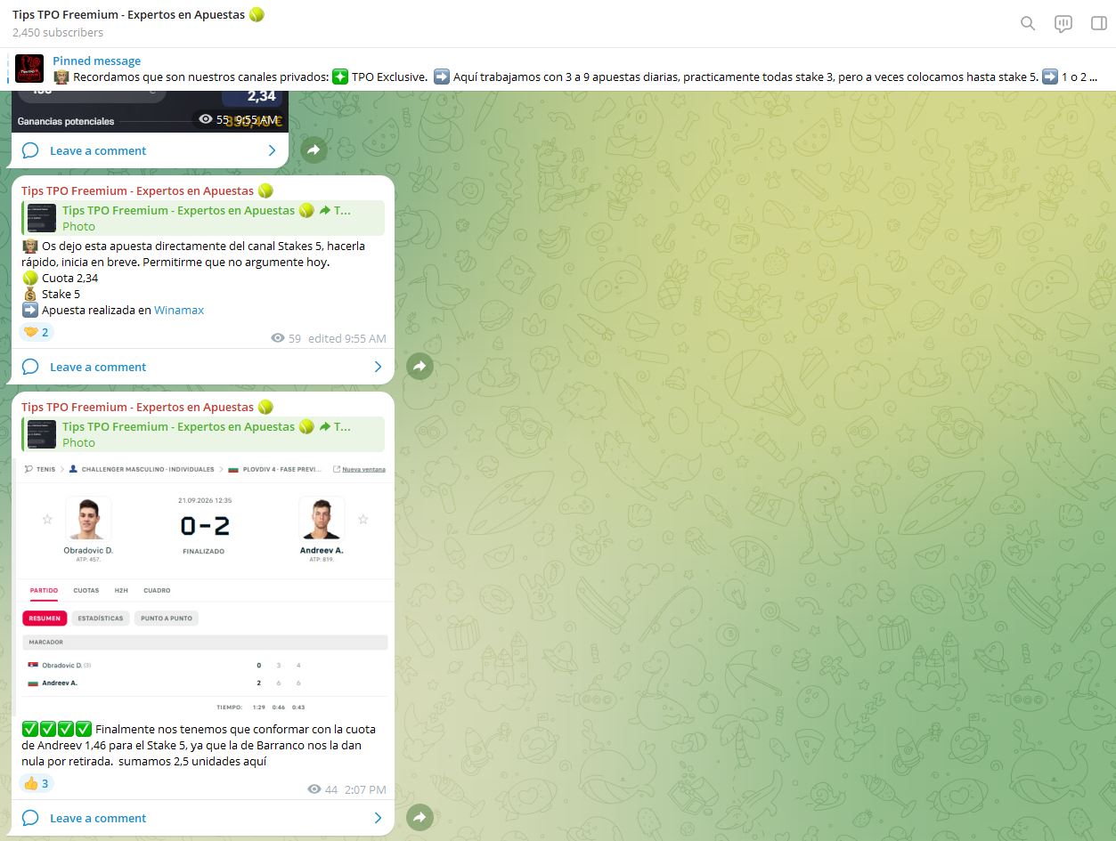 Canal de Telegram Tips TPO Freemium, expertos en apuestas de tenis